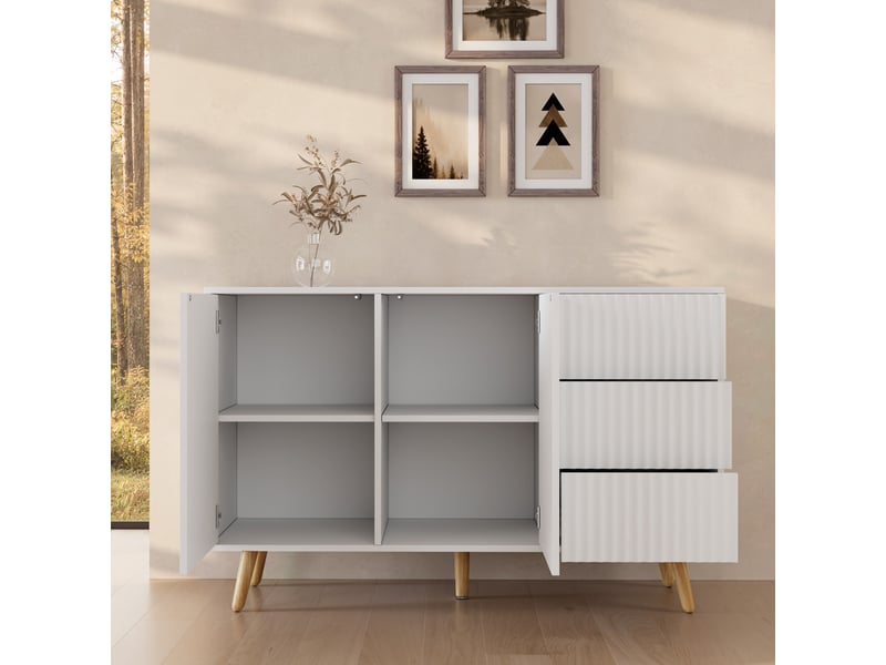  Buffet de salon bas 2 portes 3 tiroirs cannelé | meuble de rangement à rainures | console d'entrée | 120x40x76cm | modèle renzo l | couleur blanc Renzo L - Conforama C