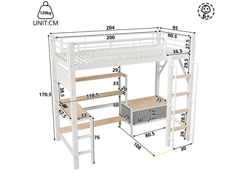  Lit mezzanine enfant 90 × 200 cm avec bureau, led, usb, rangements et barrière, sans matelas, blanc  - Conforama D