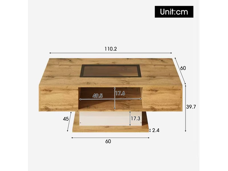 Table basse led 110.2x60x39.7 cm avec verre et 2 tiroirs blanc et naturel - Conforama C