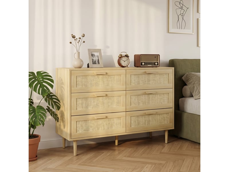  Commode 6 tiroirs en bois et rotin, style bohème, pour salon et chambre, 110 x 40 x 75 cm  - Conforama D