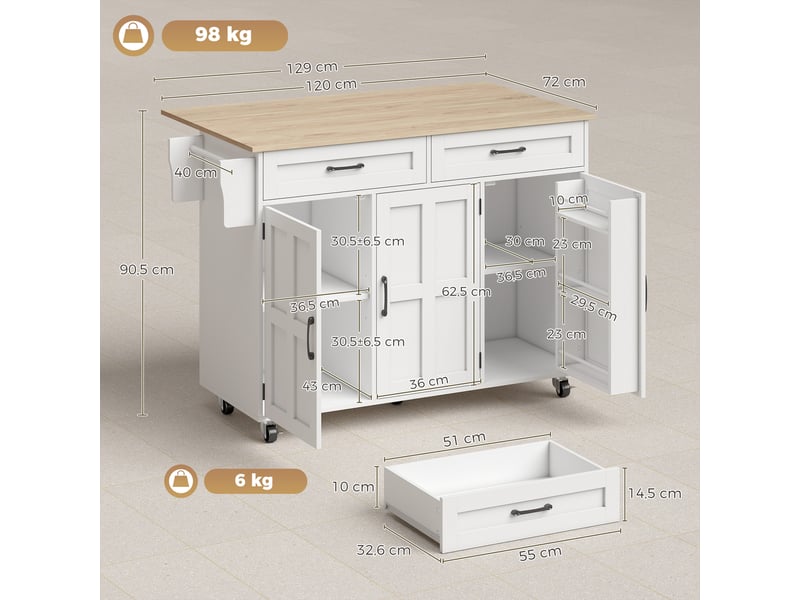  Îlot de cuisine plateau rabattable 3 portes 2 tiroirs blanc 129 x 72 x 90,5 cm  - Conforama C