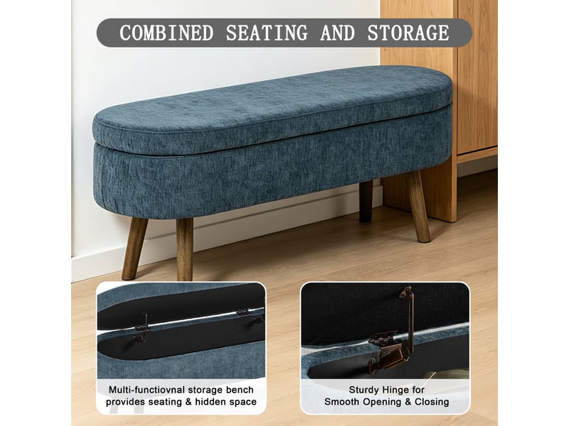  Banc coffre de rangement ovale 20 l en chenille et bois bleu 110 x 40 x 42 cm  - Conforama D