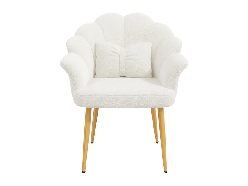 Fauteuil de salle à manger 64x65,5x85 cm, dossier pétale, coussin nœud, tissu teddy, pieds dorés, blanc - Conforama A
