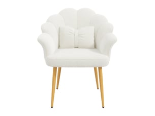 Fauteuil de salle à manger 64x65,5x85 cm, dossier pétale, coussin nœud, tissu teddy, pieds dorés, blanc