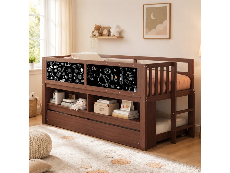  Lit enfant surélevé 90x200 cm avec lit gigogne, tableau et rangements, marron  - Conforama B