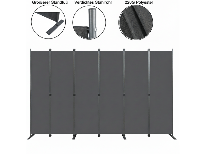 Paravent séparateur 6 panneaux 304x180 cm – gris foncé – pliable pour intimité intérieure et rangement - Conforama E