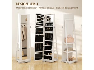 Armoire à bijoux pivotante verrouillable boîte à bijoux avec miroir - en bois blanc - armoire bijoux multi-rangement