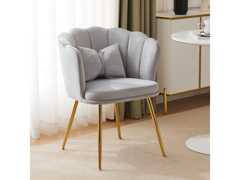 Fauteuil moderne en velours, dossier pétale, pieds métal doré et coussin papillon - Conforama B