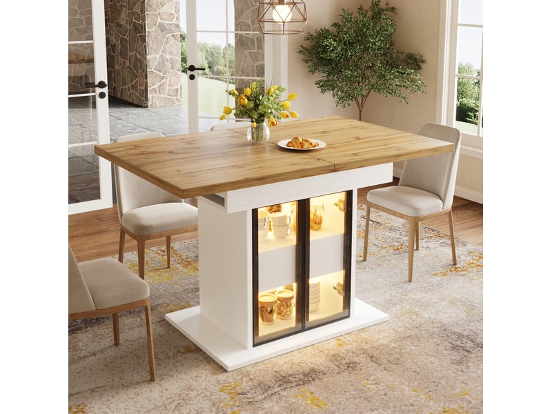  Table de salle à manger extensible avec 2 tiroirs, étagères réglables et led, portes vitrées, en mdf blanc  - Conforama E