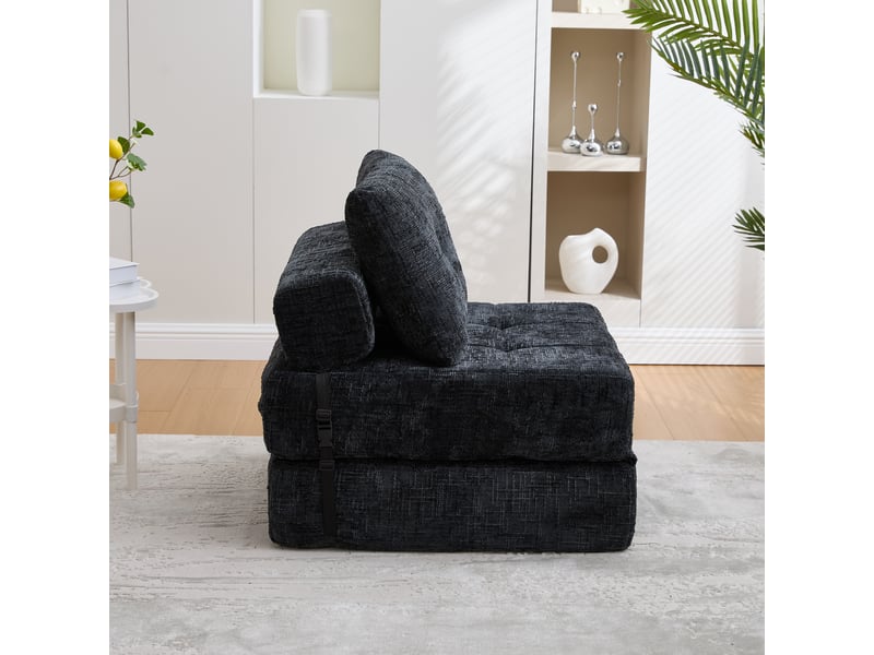 Chauffeuse convertible 1 place en chenille noir avec coussins, couchage 180 x 79 cm Fay Lum - Conforama E