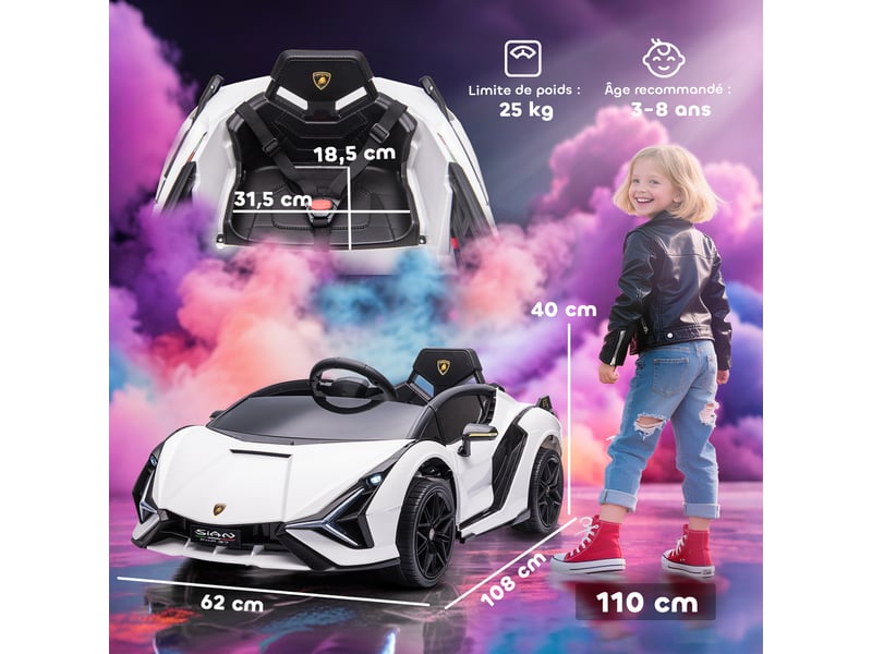  Voiture électrique enfant lamborghini sian 12 v, vitesse max. 5 kmh, télécommande 2,4g, effets sonores et lumineux  - Conforama E