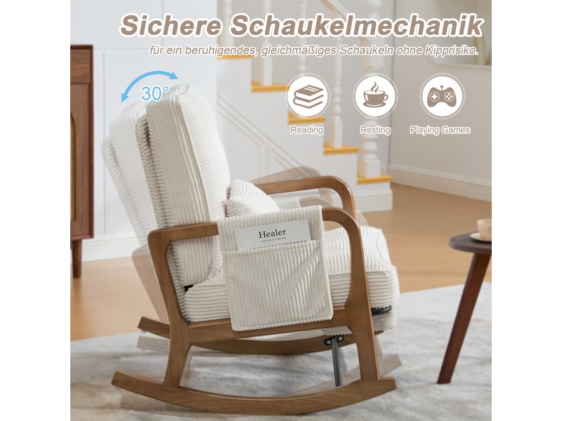  Fauteuil à bascule 70x80x92cm beige en velours côtelé, repose-pieds, coussin lombaire, dossier réglable et poche latérale pour sal  - Conforama C
