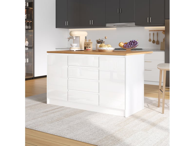  Îlot de cuisine avec plateau extensible, 4 tiroirs, 2 placards et étagères réglables, blanc, 140 × 80 × 90 cm  - Conforama C
