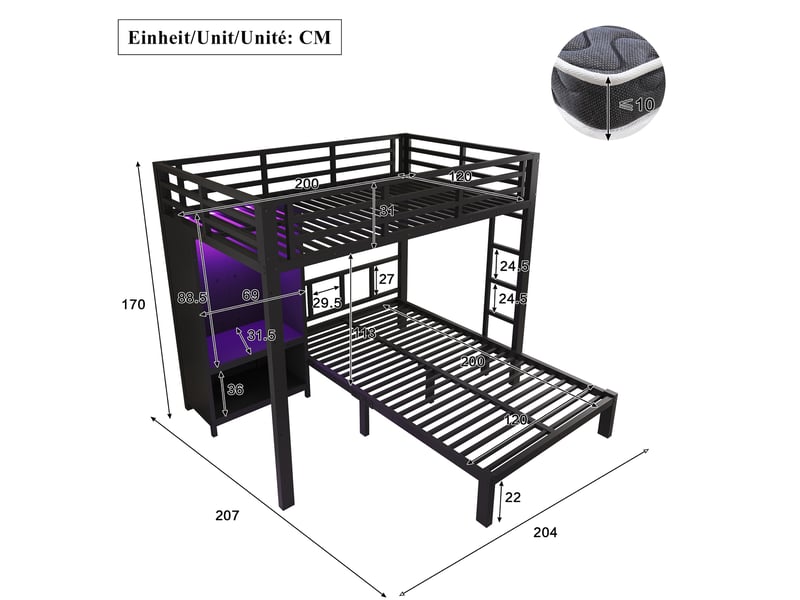  Lit superposé 120x200 cm avec armoire intégrée et led noir  - Conforama C