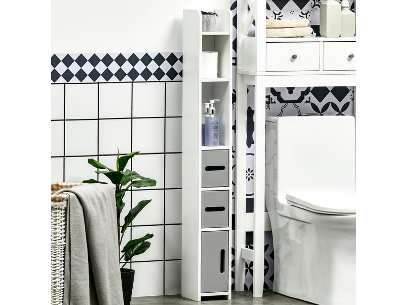  Meuble de salle de bain avec étagères et placards, armoire haute en bois gain de place 15 x 17 x 120 cm, blanc et gris  - Conforama D