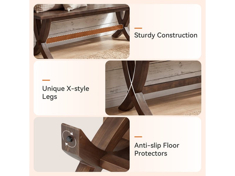  Banc en bois massif de 150 cm, banc d'entrée style maison de campagne avec pieds en croix, long banc de bout de lit en bois, banc rustique pour salon, chambre, couloir ou buanderie.  - Conforama E