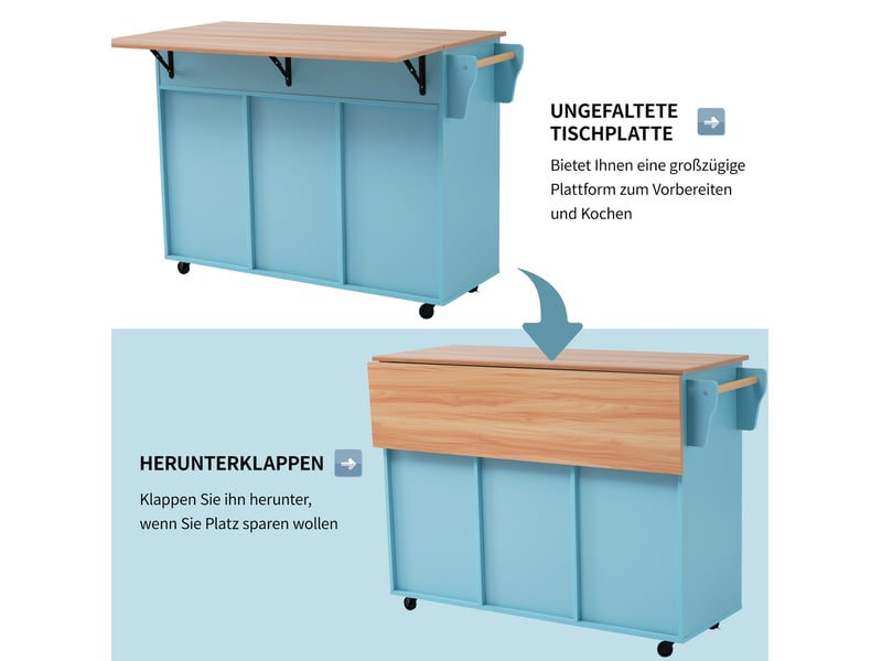 Desserte de cuisine avec 3 portes, 2 tiroirs et plateau rabattable, sur roulettes ou pieds, en mdf bleu clair - Conforama C