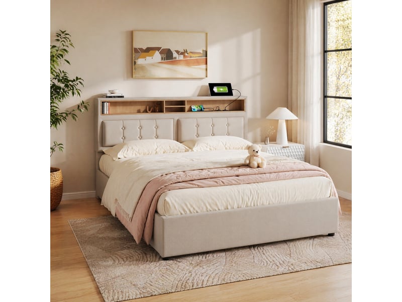  Lit double avec rangement en lin beige clair 140 x 200 cm avec matelas  - Conforama C