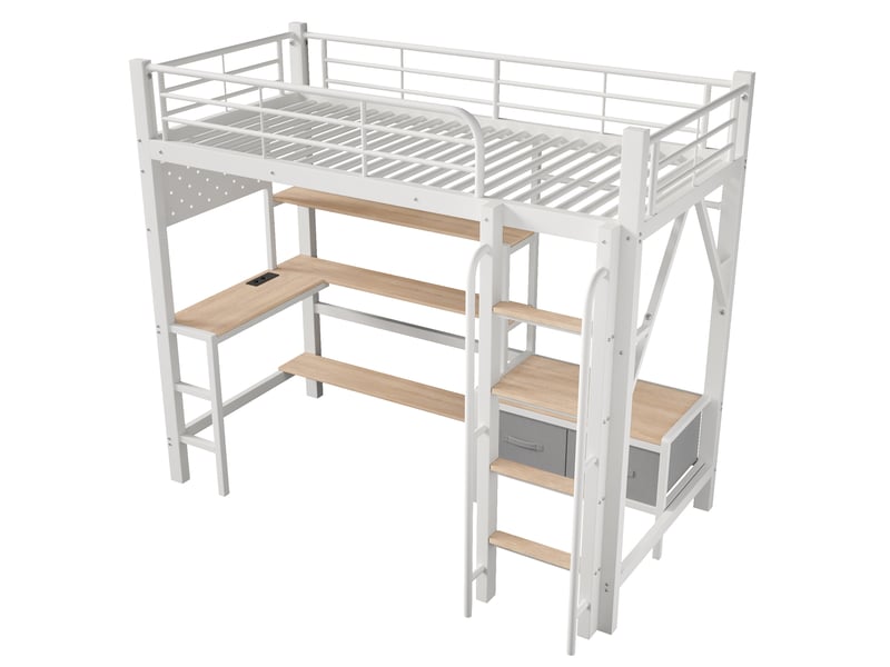  Lit mezzanine 90x200 cm, lit enfant, tiroirs, bureau, panneau perforé, étagères, port usb, bois et métal blanc  - Conforama B