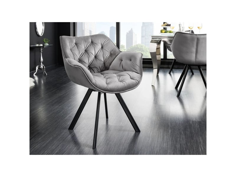  Lot de 2 chaises design comfy pivotantes à 180° en velours gris capitonné et pieds noirs  - Conforama B