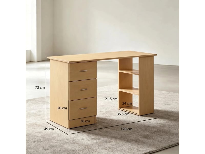  Bureau informatique bois clair 120 cm avec 3 tiroirs et étagères réversibles  - Conforama C