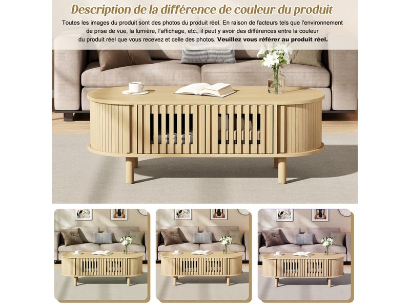  Table basse ovale 100x40x38 cm, rangement, 2 portes à lamelles, porte coulissante, mdf, pieds bois, bois clair  - Conforama E