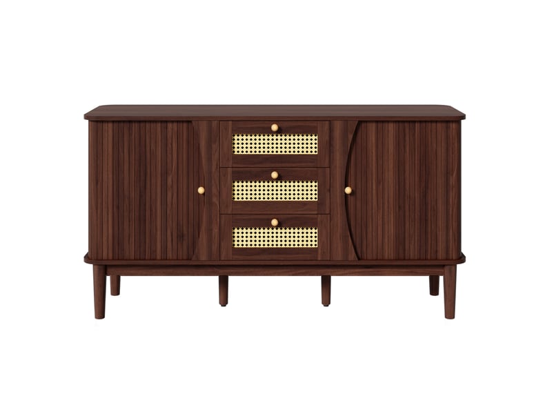  Buffet 2 portes coulissantes et 3 tiroirs 141x40x77 cm finition noyer  - Conforama E