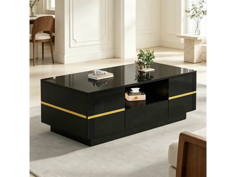  Table basse 100x50x35,5 cm noire et dorée, led, 2 portes, 1 tiroir et niche ouverte Fay Lum - Conforama B