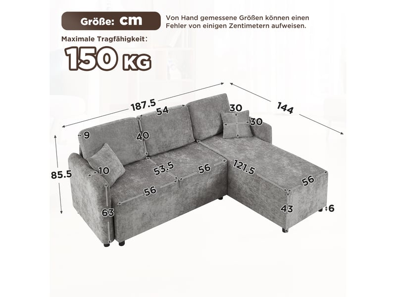  Canapé d'angle 3 places en chenille gris avec méridienne 144cm  - Conforama B