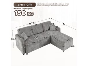 Canapé d'angle 3 places en chenille gris avec méridienne 144cm