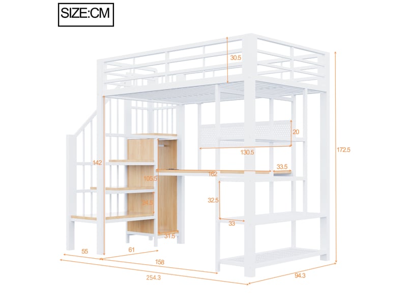  Lit mezzanine enfant 90x200 cm – blanc – bureau, escalier de rangement, led et prises - sans matelas  - Conforama C