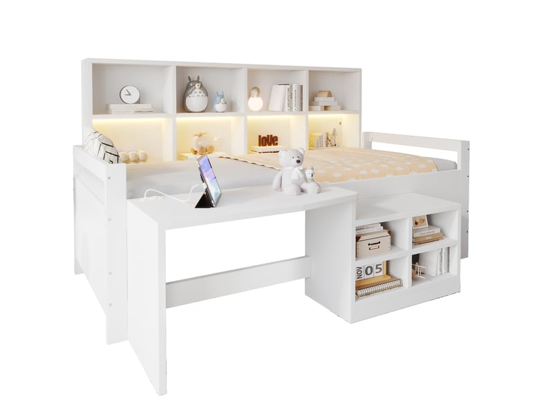  Lit enfant multifonction 90x200 cm, lit simple avec éclairage led, bureau, rangements, usb, mdf, blanc, sans matelas  - Conforama A