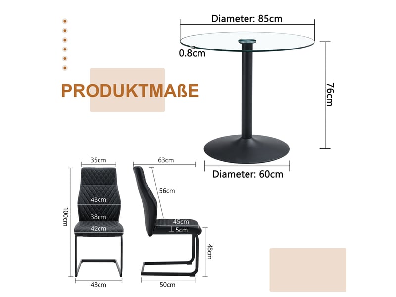 Ensemble table et chaises avec 1 table ronde et 2 chaises - verre trempé, métal et pu - noir transparent - Conforama D
