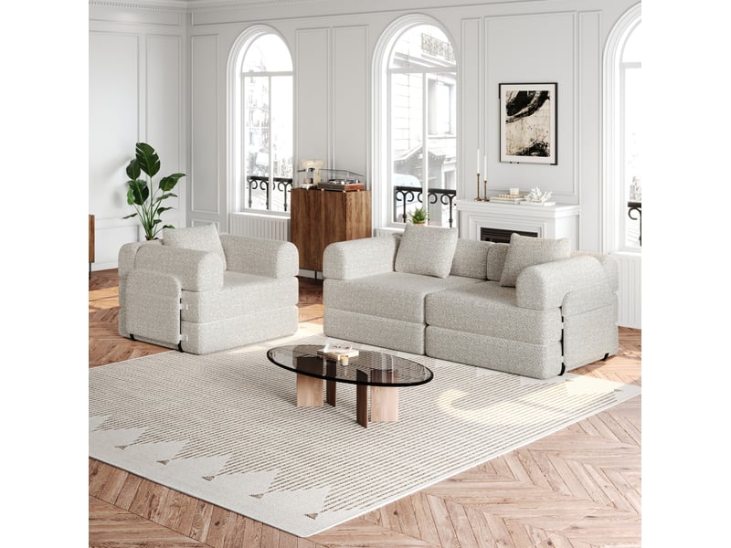 Canapé modulable 274x91,4x69,8cm, accoudoir avec rangement, canapé de salon, structure en métal, tissu chenille, kaki - Conforama D