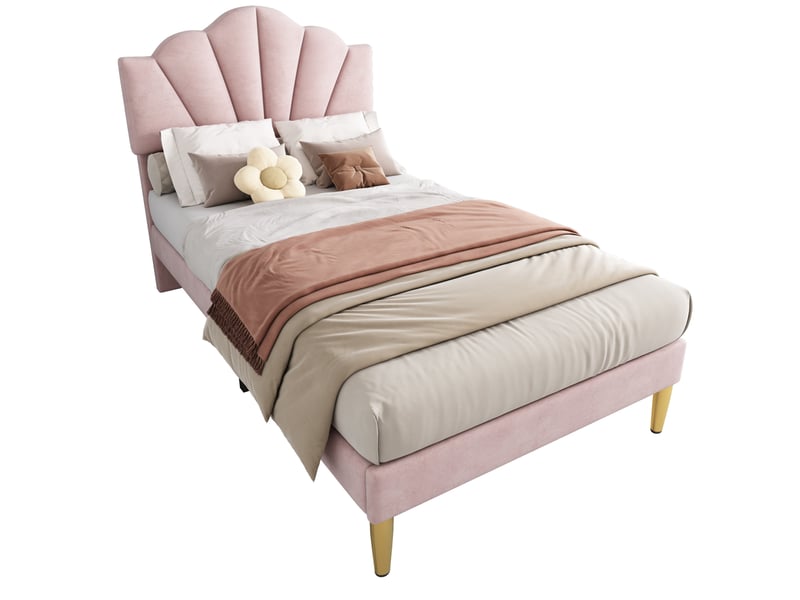 Modenvie lit capitonné 90x200 cm - velours, tête de lit réglable, pieds dorés - pour chambre - rose  - Conforama A