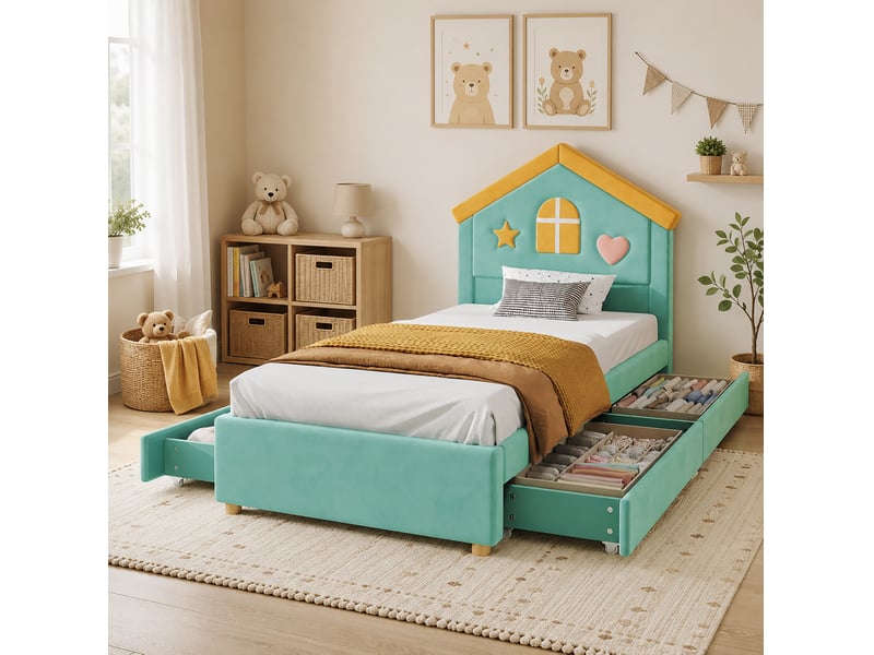  Lit enfant 90x200 cm, velours français bleu-vert, équipé de rangement et de tête de lit maison, sans matelas  - Conforama D