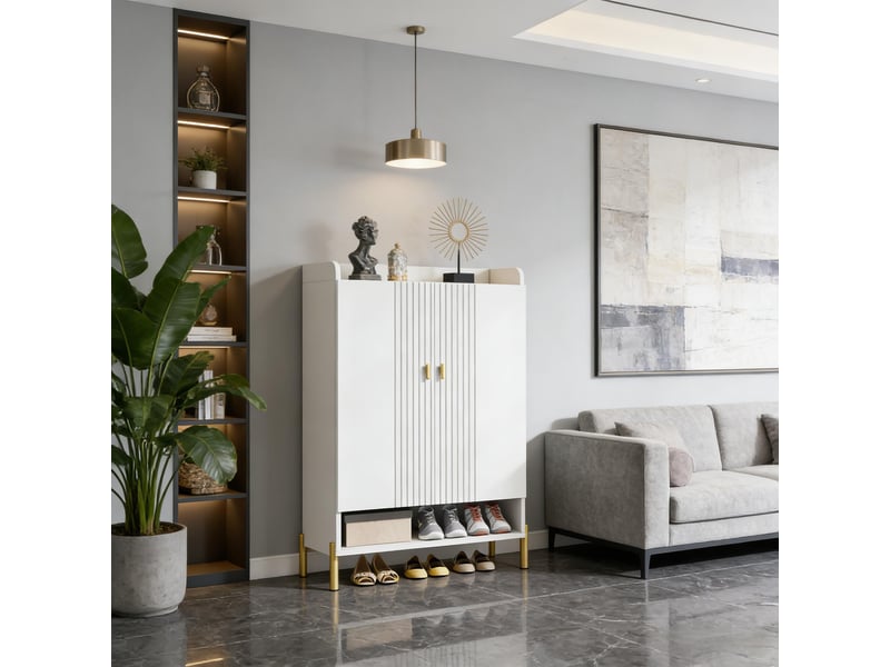  Meuble à chaussures en panneau de particules et métal blanc et doré 75x36,5x111 cm  - Conforama B