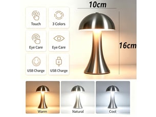 Lampe de table métal sans fil, design champignon – rechargeable usb, variateur tactile, vintage, pour intérieur et extérieur-argent