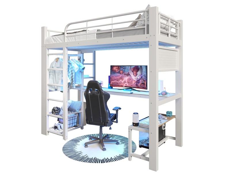 Lit mezzanine multifonctionnel 90×200cm sans matelas, structure métal, bureau, led, échelle avec coffre, blanc  - Conforama A