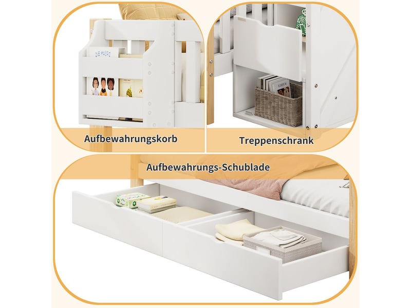 Lit superposé enfant 90x200140x200, escalier sécurisé lit superposé, rangements intégrés, structure bois massif, design multifonctionnel - Conforama E