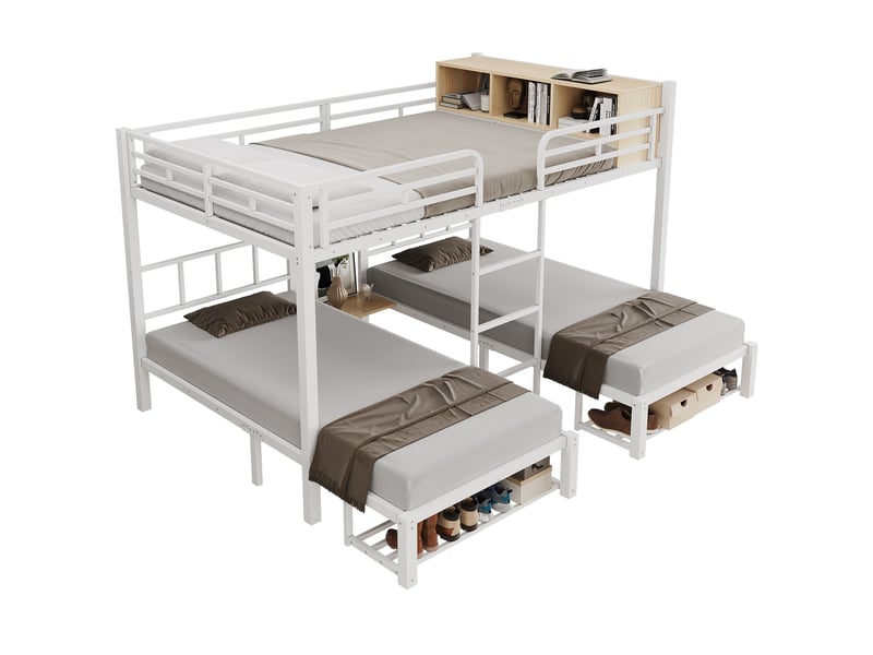  Lit superposé familial 140x20090x200 cm, 3 couchages, étagère, range-chaussures, échelle, structure métal, blanc OMNIGLINT TRADING LTD - Conforama A
