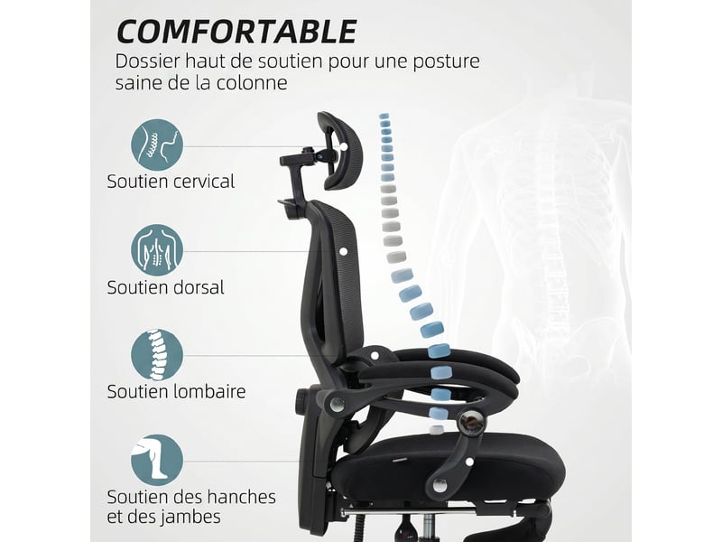  Chaise bureau ergonomique avec appui-tête réglable, fauteuil de bureau inclinable en maille, dossier séparé, noir  - Conforama D