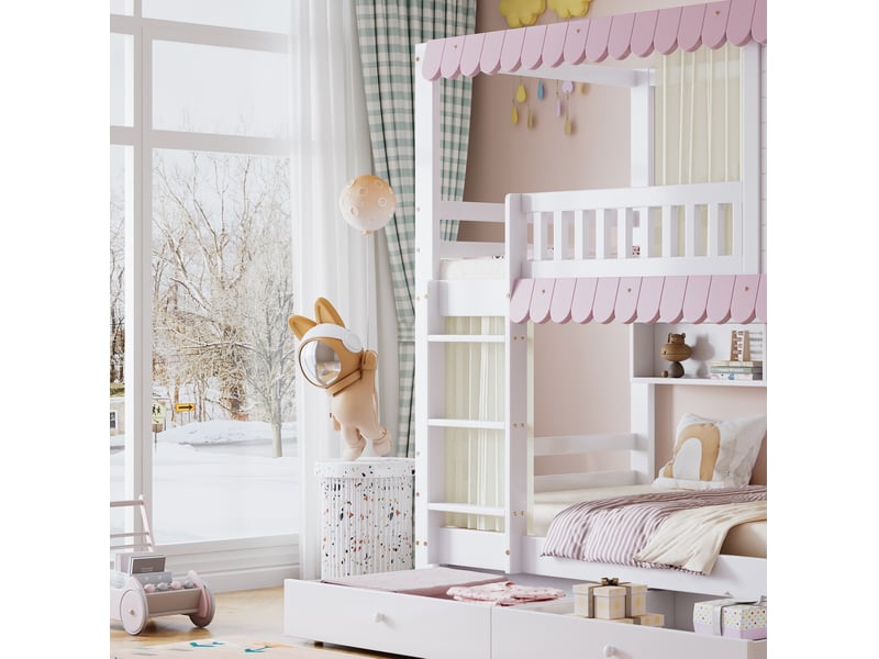 Lit superposé enfant 90x200 cm – blanc et rose – 2 tiroirs à roulettes, étagères et rideaux - sans matelas - Conforama E