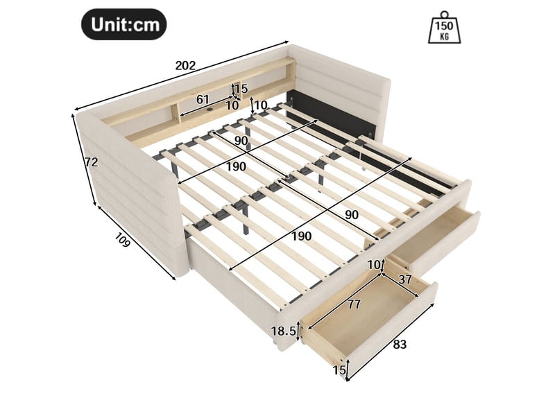  Lit de jour velours avec lit gigogne 90x190, canapé lit beige avec led, ports usb et tiroirs  - Conforama C