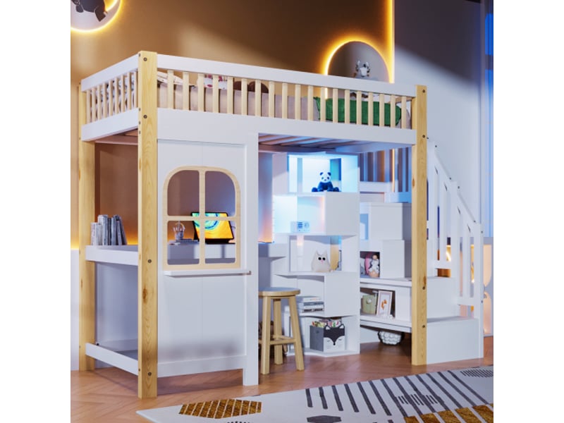 Lit mezzanine adulte 90x200 cm | bureau, led, fenêtre décorative et prises, sans matelas - Conforama B
