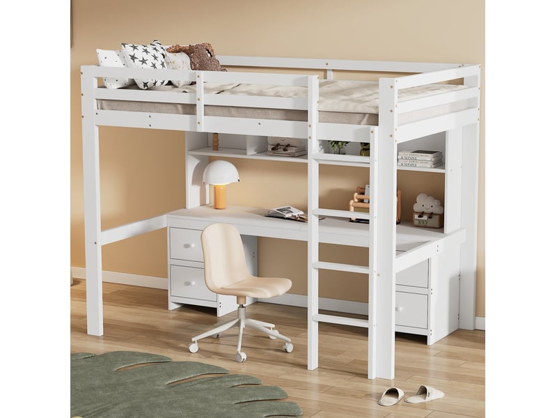  Lit mezzanine enfant 90x200 cm blanc avec bureau et rangements  - Conforama E