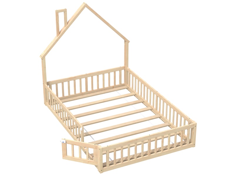 Lit cabane enfant 140x190 cm en pin naturel, forme maison, avec sommier, style minimaliste - Conforama D