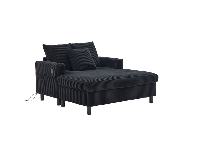  Fauteuil relax chaiselongue fixe 1 place en velours côtelé noir avec led, usb et porte-gobelets intégrés  - Conforama A