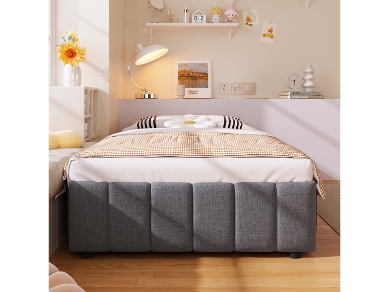  Sommier coffre enfant 90x200 cm avec rangement, mdf et lin, gris  - Conforama B