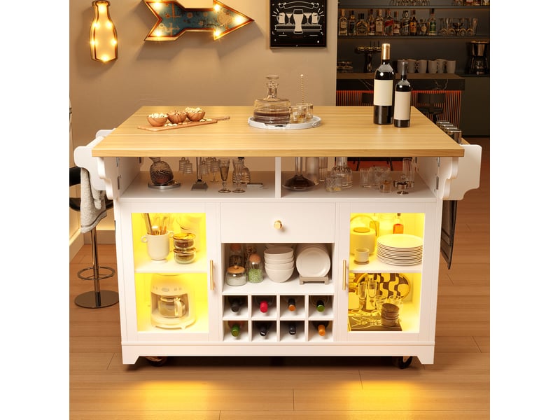  Desserte de cuisine à roulettes avec 2 portes, tiroir, led rgb et plateaux rabattables en mdf blanc 143 × 80 × 95 cm  - Conforama D